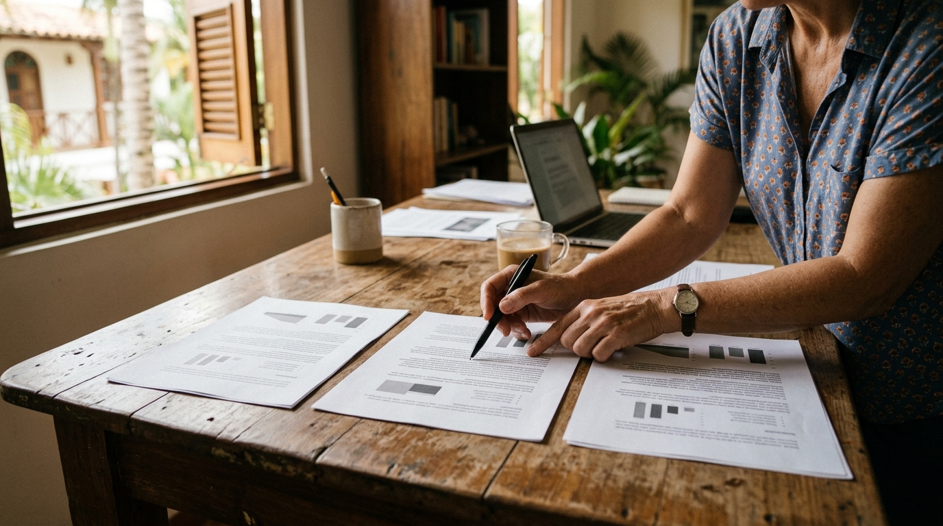 Persona comparando varias propuestas impresas de agencias de marketing sobre un escritorio, revisando gráficos y cifras antes de decidir