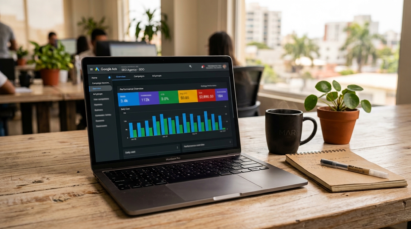 Laptop con el dashboard de Google Ads abierto mostrando gráficos de rendimiento de campaña, sobre un escritorio de oficina
