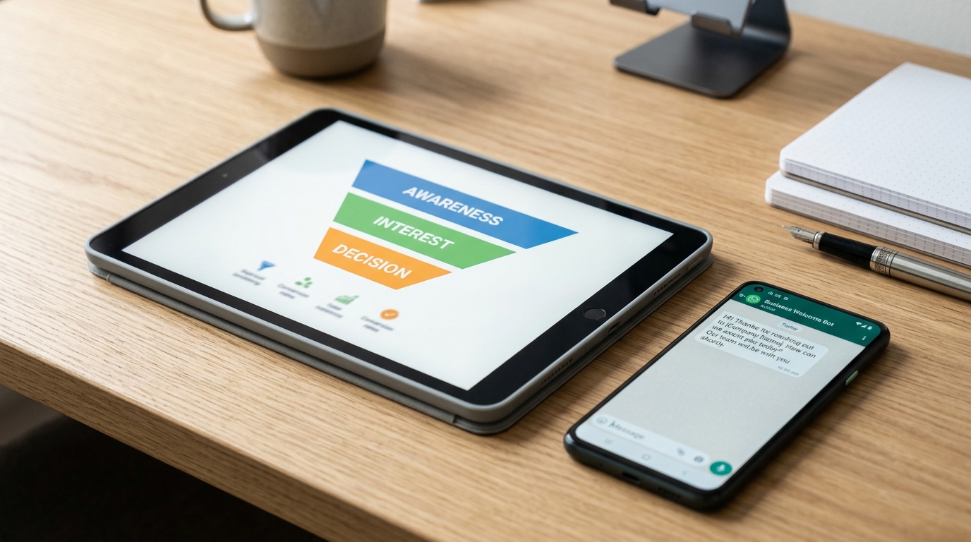 Tablet mostrando un diagrama de embudo de ventas (atraer, capturar, nutrir, cerrar) junto a un celular con mensaje automático de WhatsApp