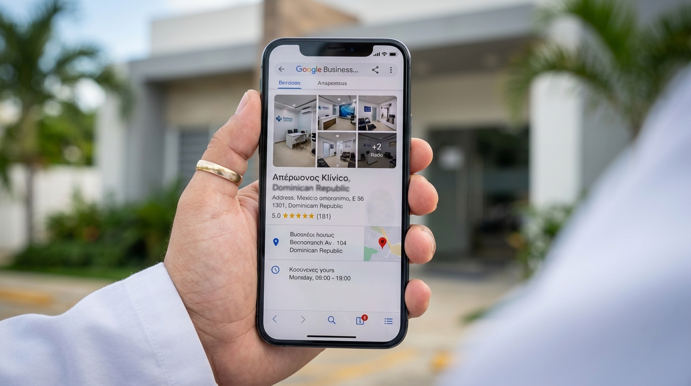 Celular mostrando el perfil de Google Business de una clínica médica con fotos, reseñas de 5 estrellas y ubicación