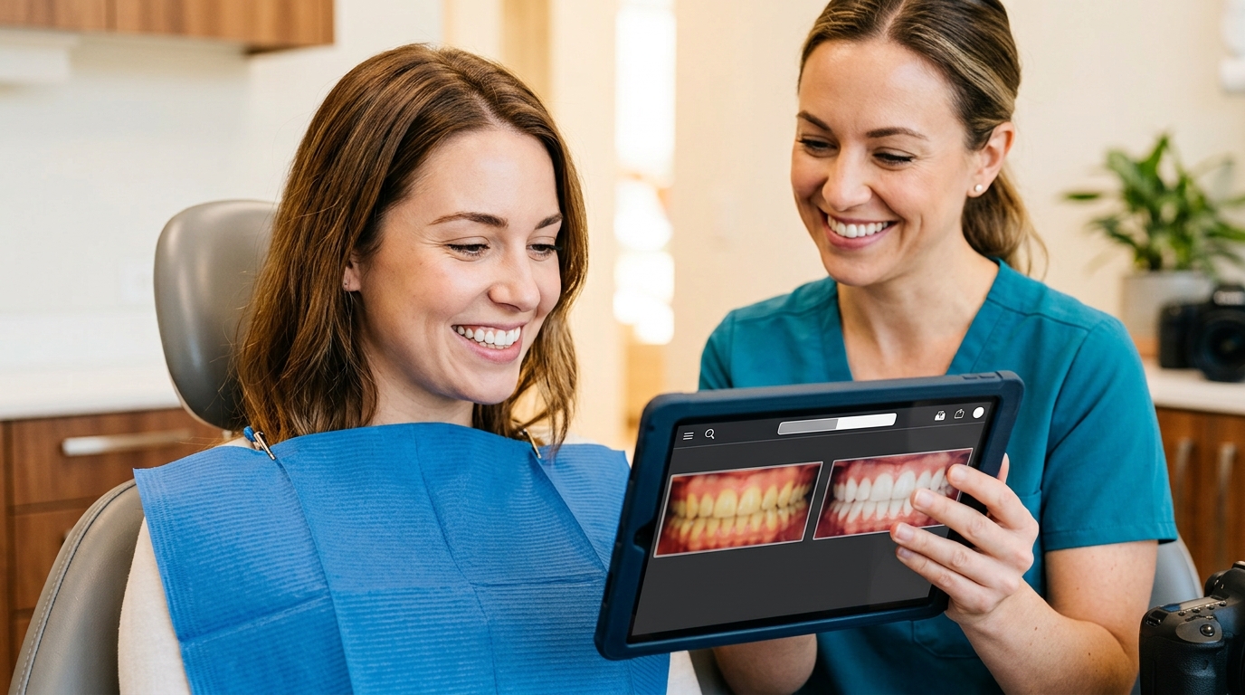 Paciente sonriente revisando fotos de antes y después de blanqueamiento dental en tablet junto a una asistente dental